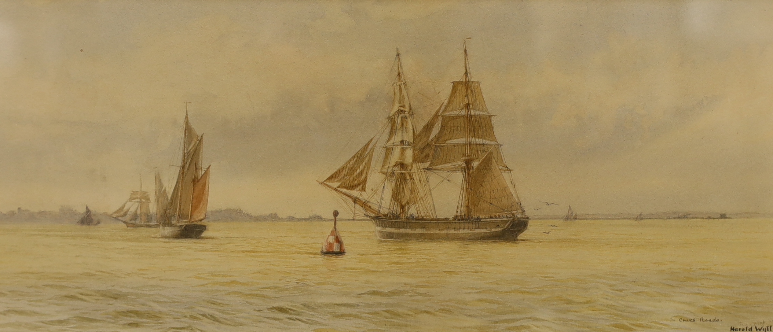 Harold Wyllie (1880-1973), watercolour, 'Cowes roads', together with John Francis Salmon (1808-1886) watercolour, 'Gravesend', each signed, largest 22 x 46cm